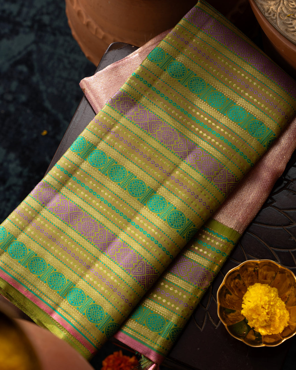 Light Pink Tissue Kanchipuram Silk Saree With Golden Zari Buttas