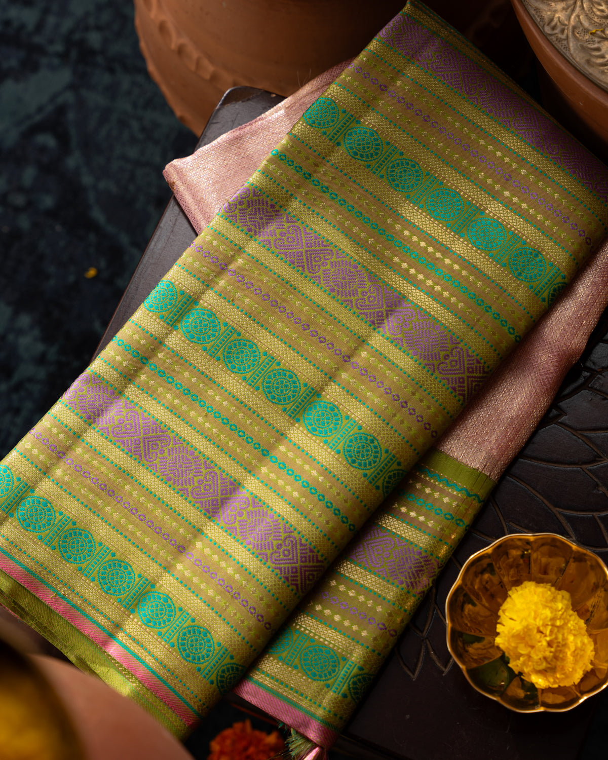 Light Pink Tissue Kanchipuram Silk Saree With Golden Zari Buttas