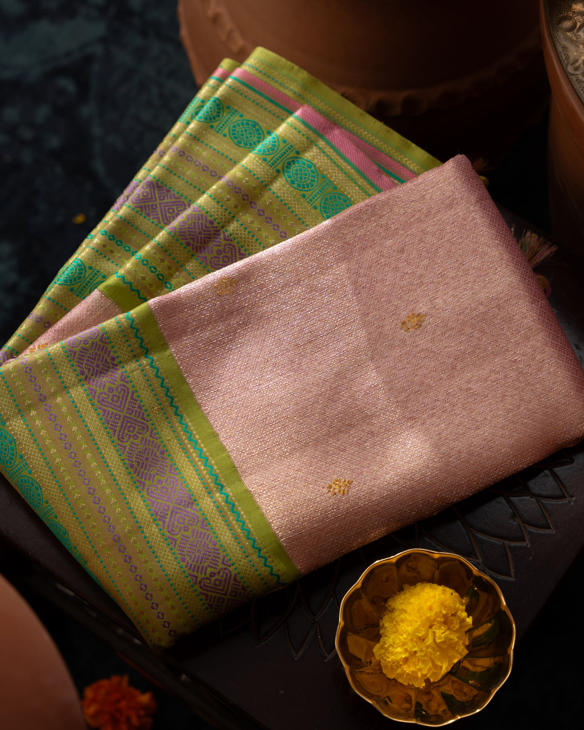 Light Pink Tissue Kanchipuram Silk Saree With Golden Zari Buttas