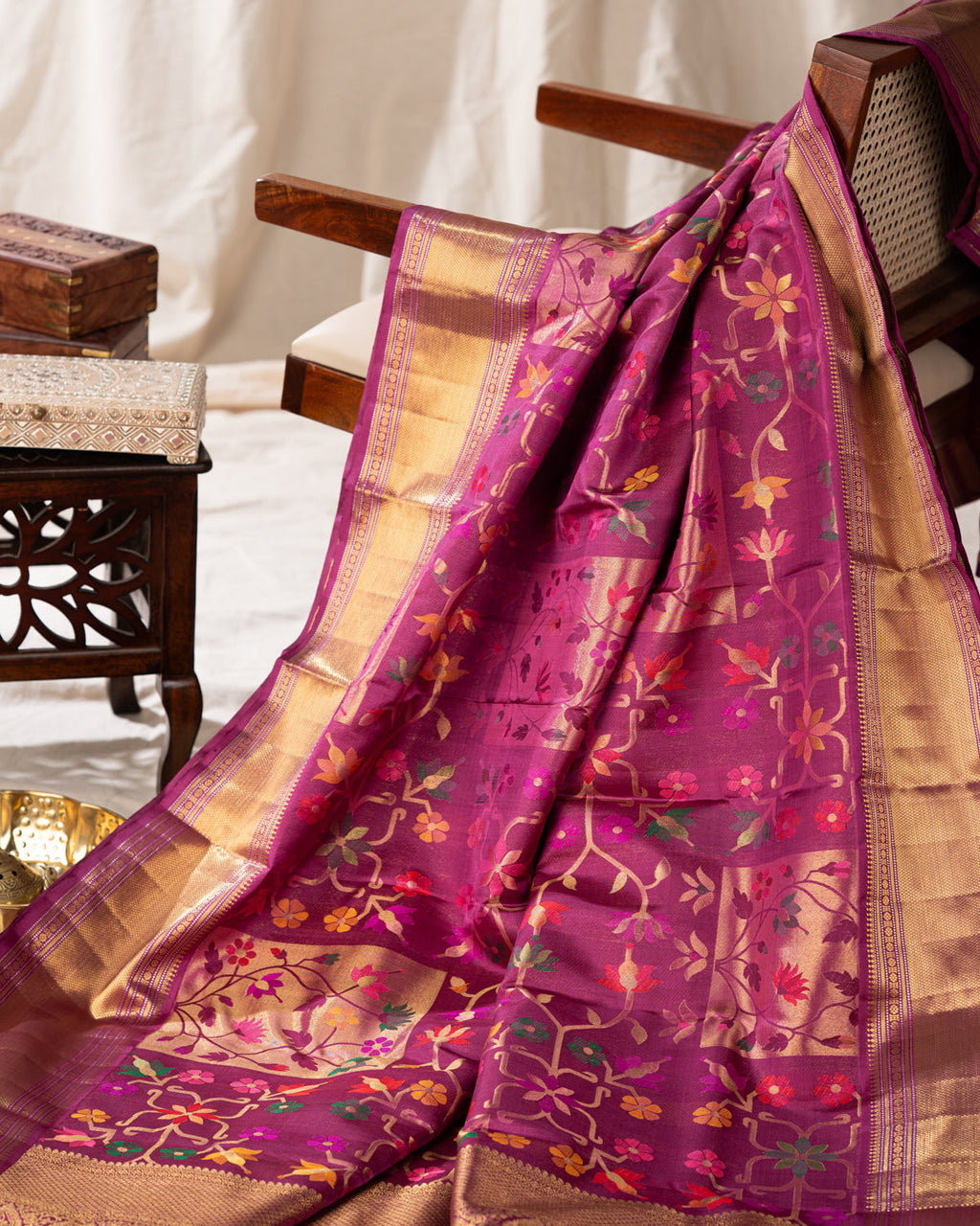 Purple Kanchipuram Silk Saree With Floral Weaveing