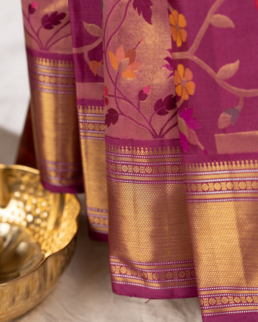 Purple Kanchipuram Silk Saree With Floral Weaveing