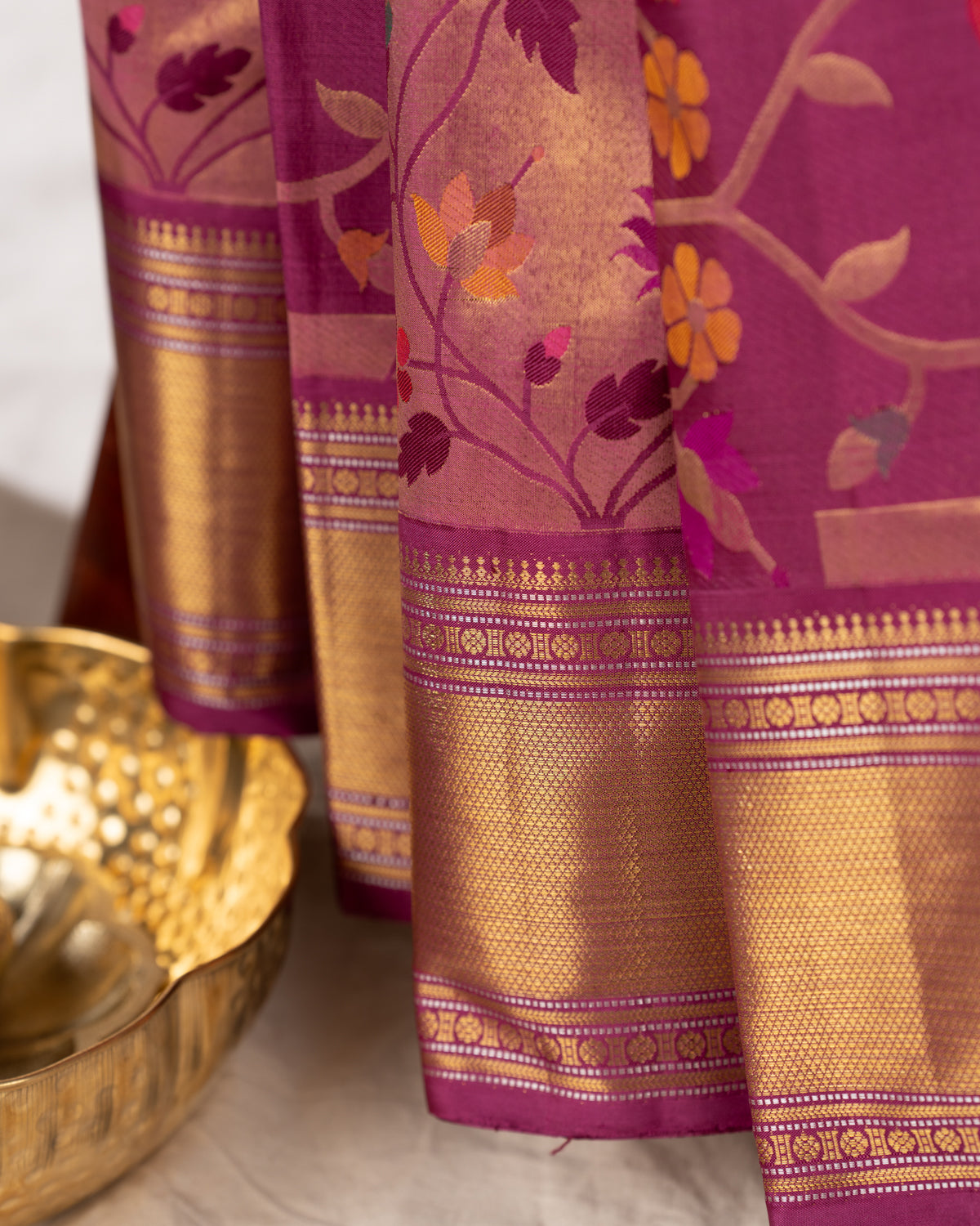 Purple Kanchipuram Silk Saree With Floral Weaveing