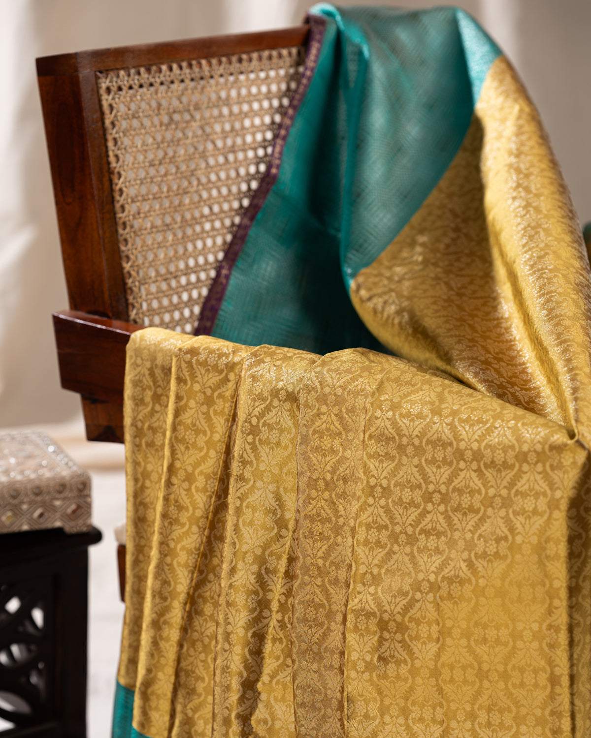 Mehendi Green Tissue Kanchipuram Silk Saree With Zari Weaves And Contrast Border