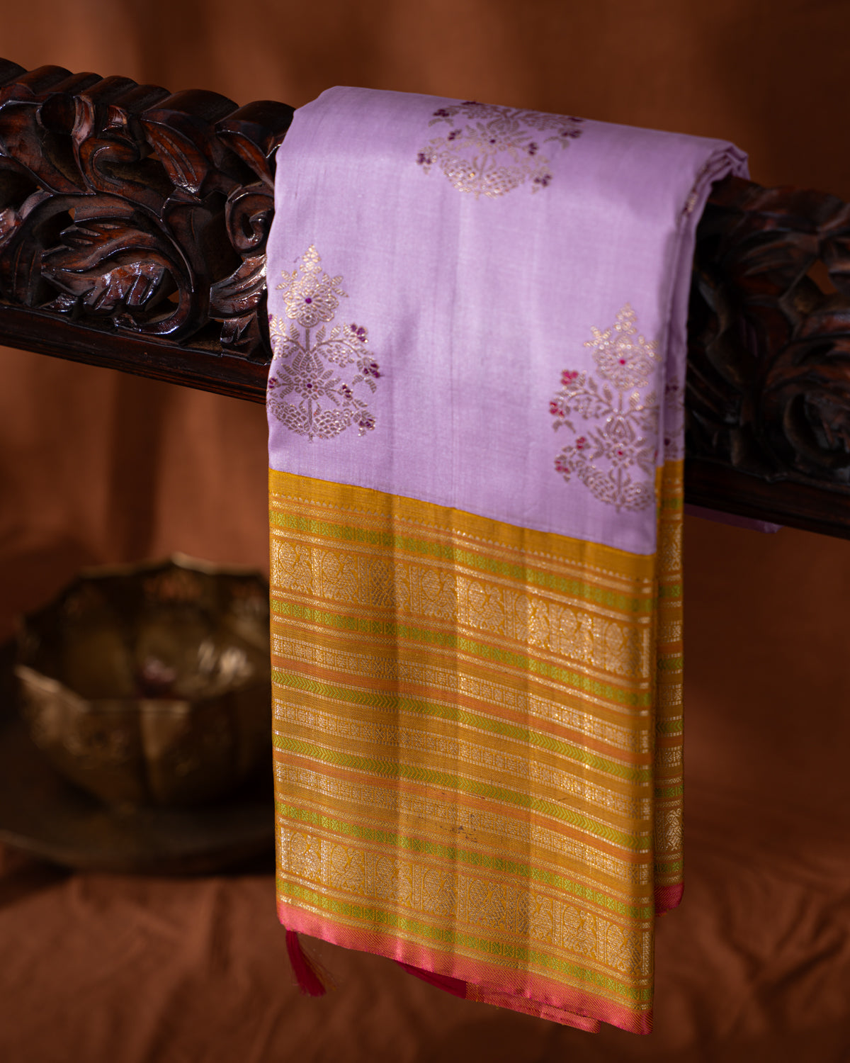 Lavender-Mustard  Kanchipuram Silk Saree With Zari Buttas