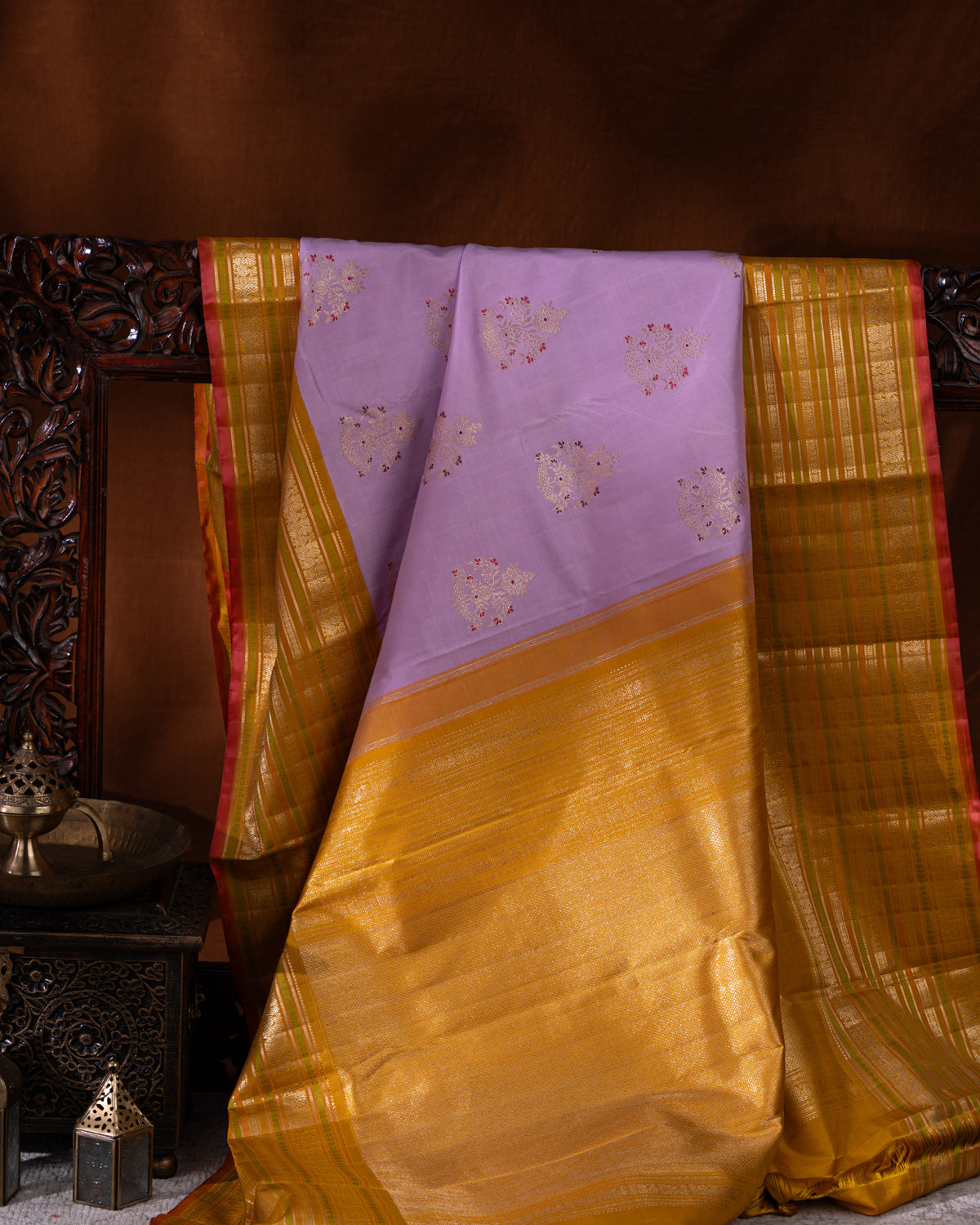 Lavender-Mustard  Kanchipuram Silk Saree With Zari Buttas