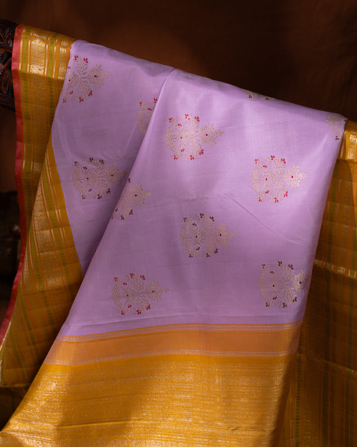 Lavender-Mustard  Kanchipuram Silk Saree With Zari Buttas
