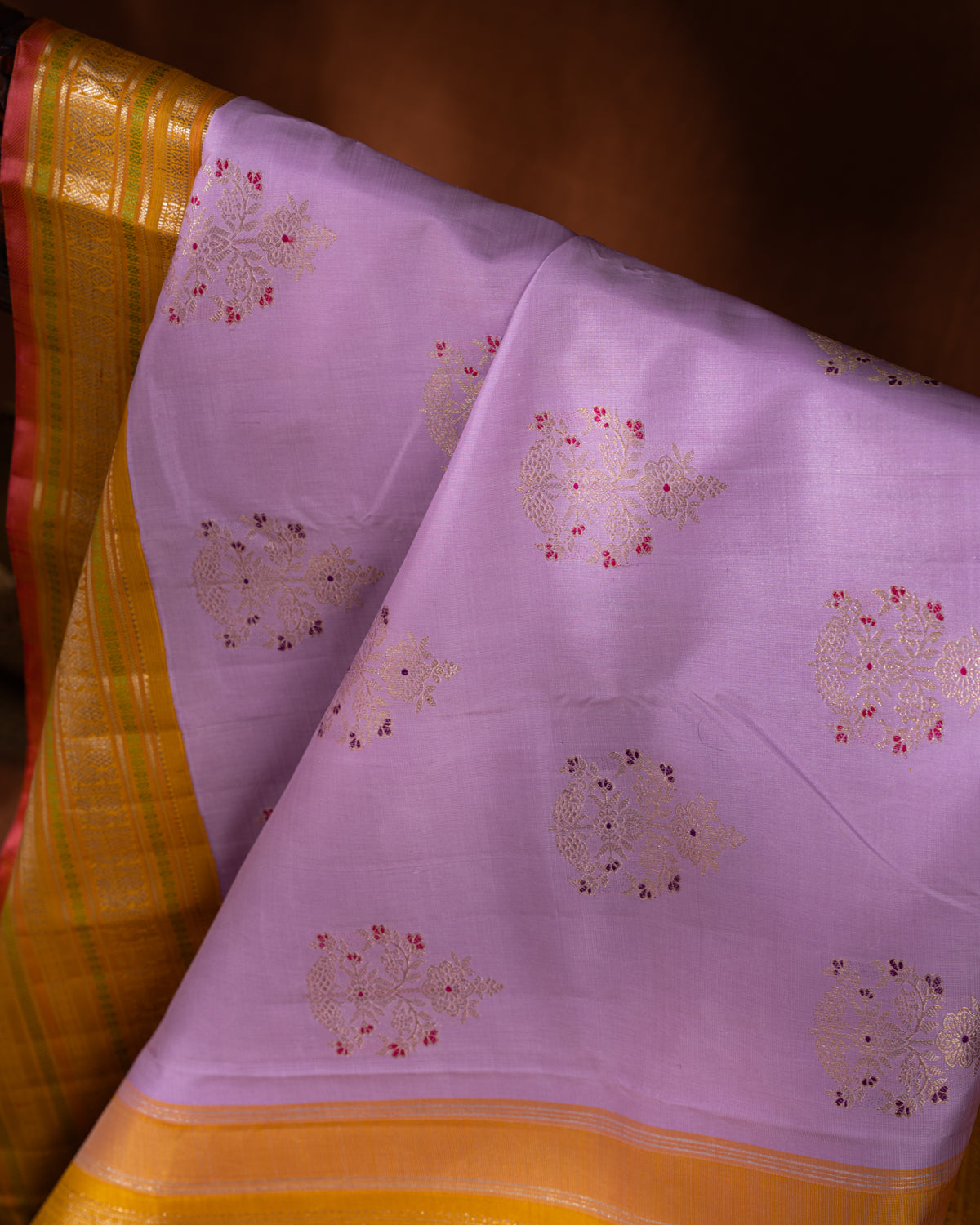Lavender-Mustard  Kanchipuram Silk Saree With Zari Buttas