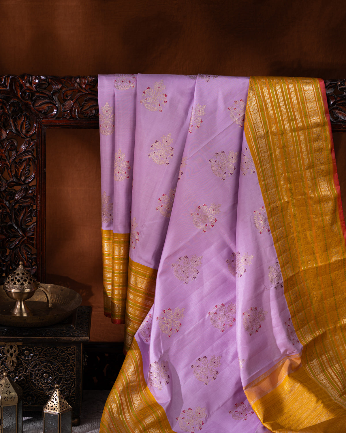 Lavender-Mustard  Kanchipuram Silk Saree With Zari Buttas