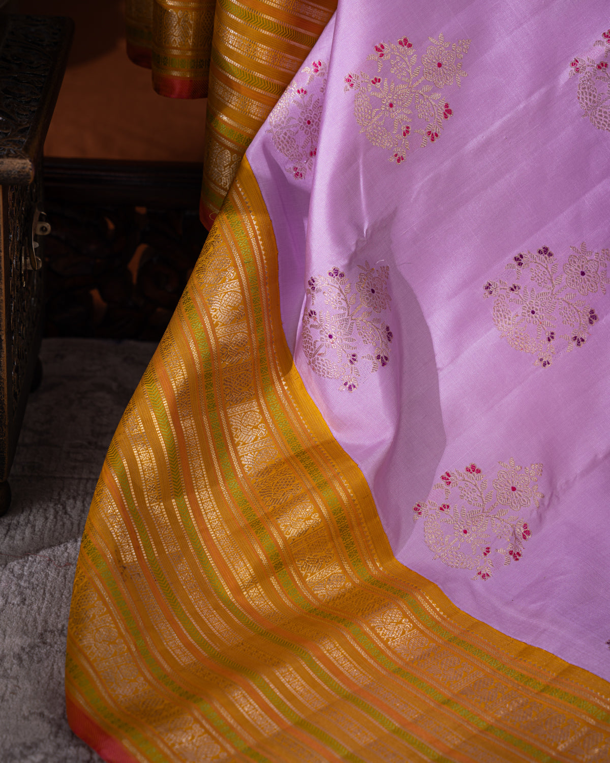 Lavender-Mustard  Kanchipuram Silk Saree With Zari Buttas