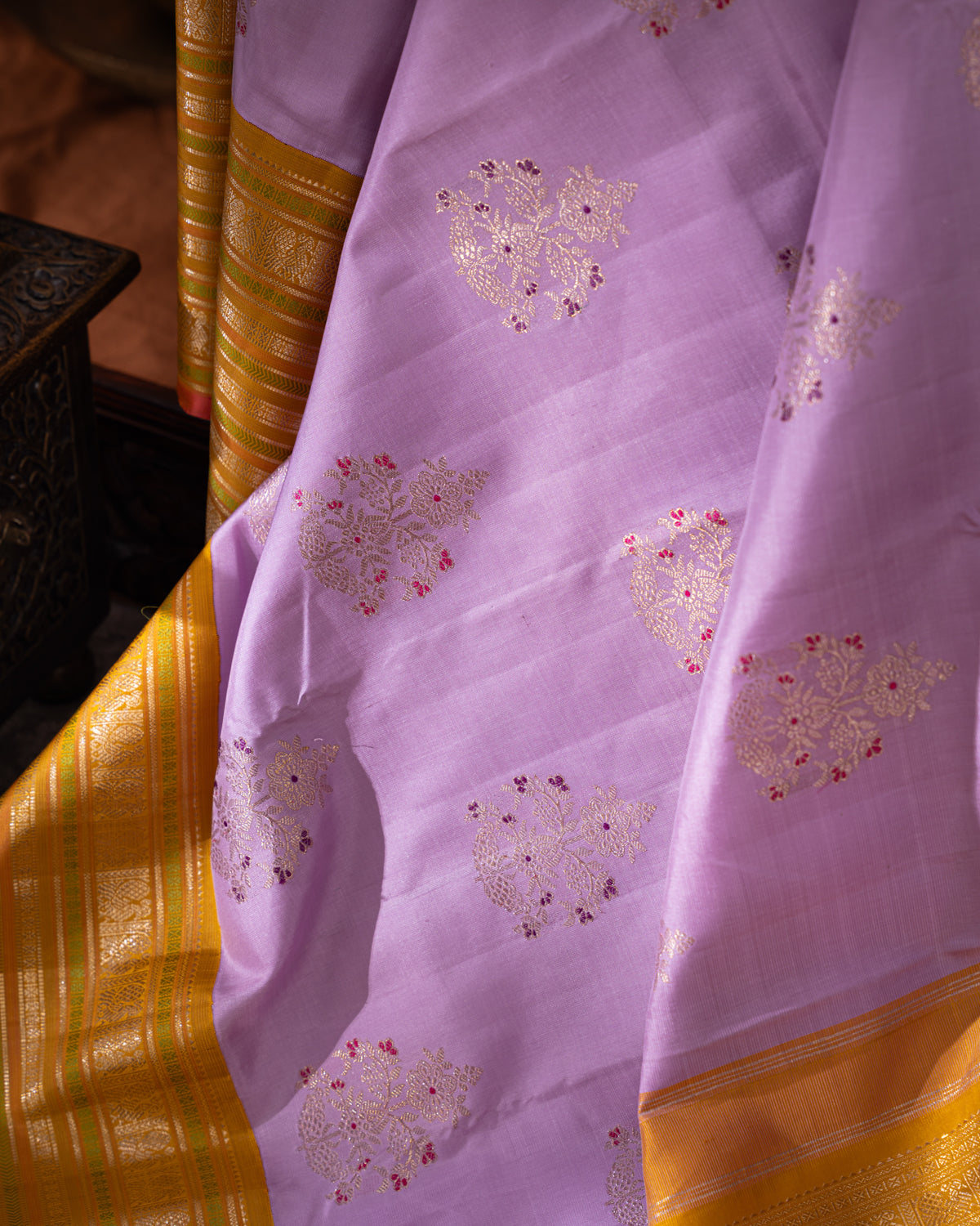 Lavender-Mustard  Kanchipuram Silk Saree With Zari Buttas