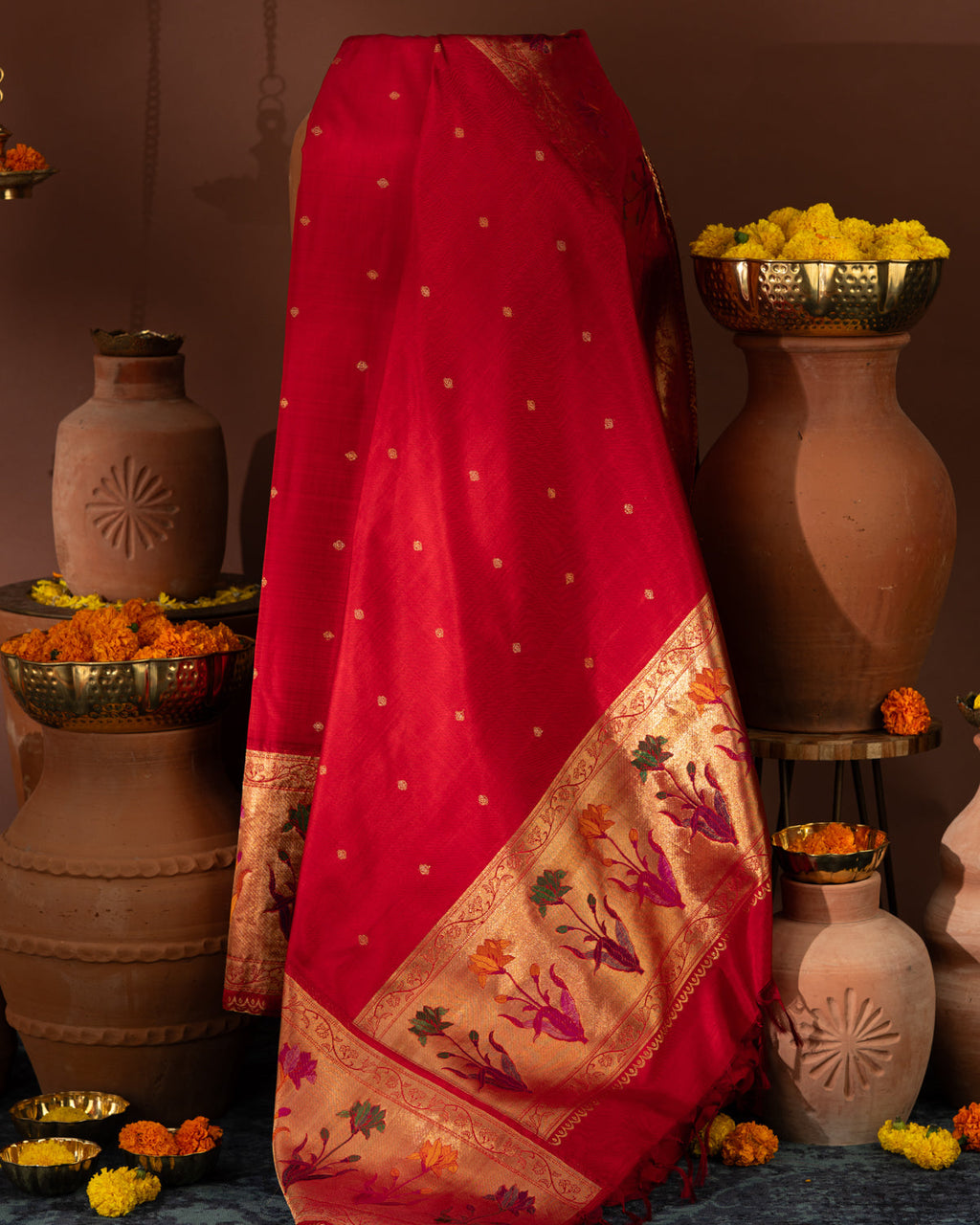 Red Kanchipuram Silk Saree With Floral Motif Pallu