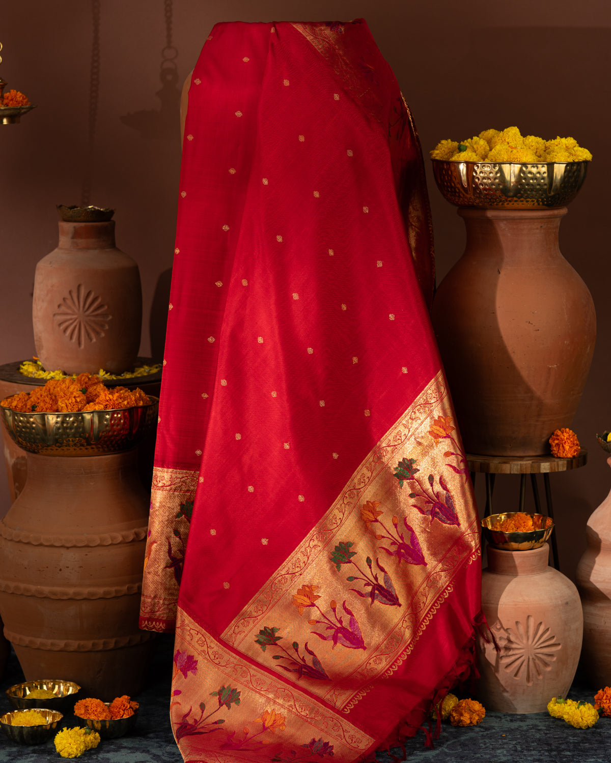 Red Kanchipuram Silk Saree With Floral Motif Pallu