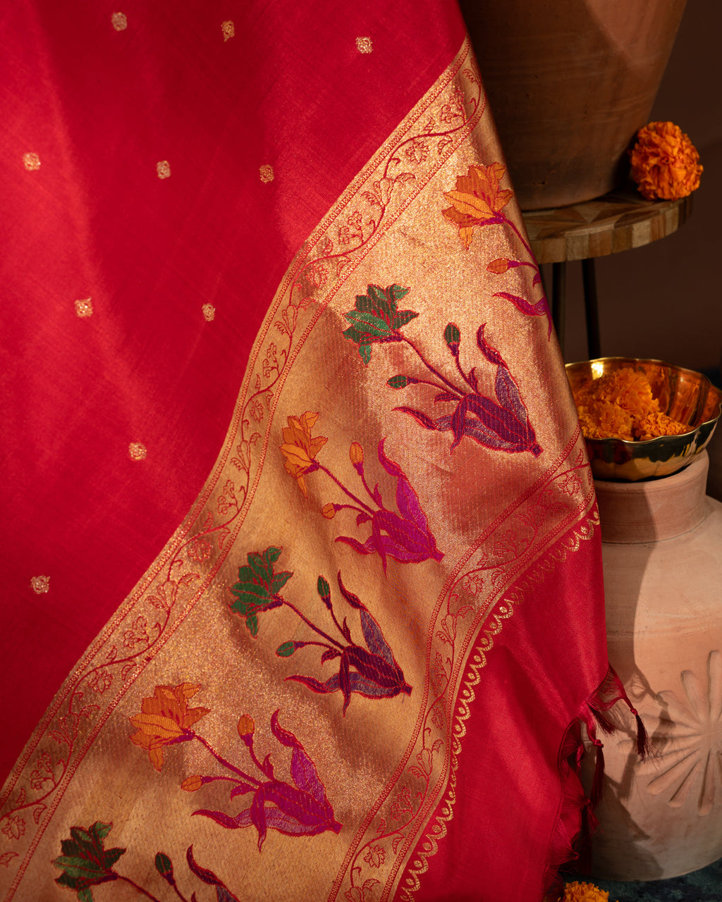 Red Kanchipuram Silk Saree With Floral Motif Pallu