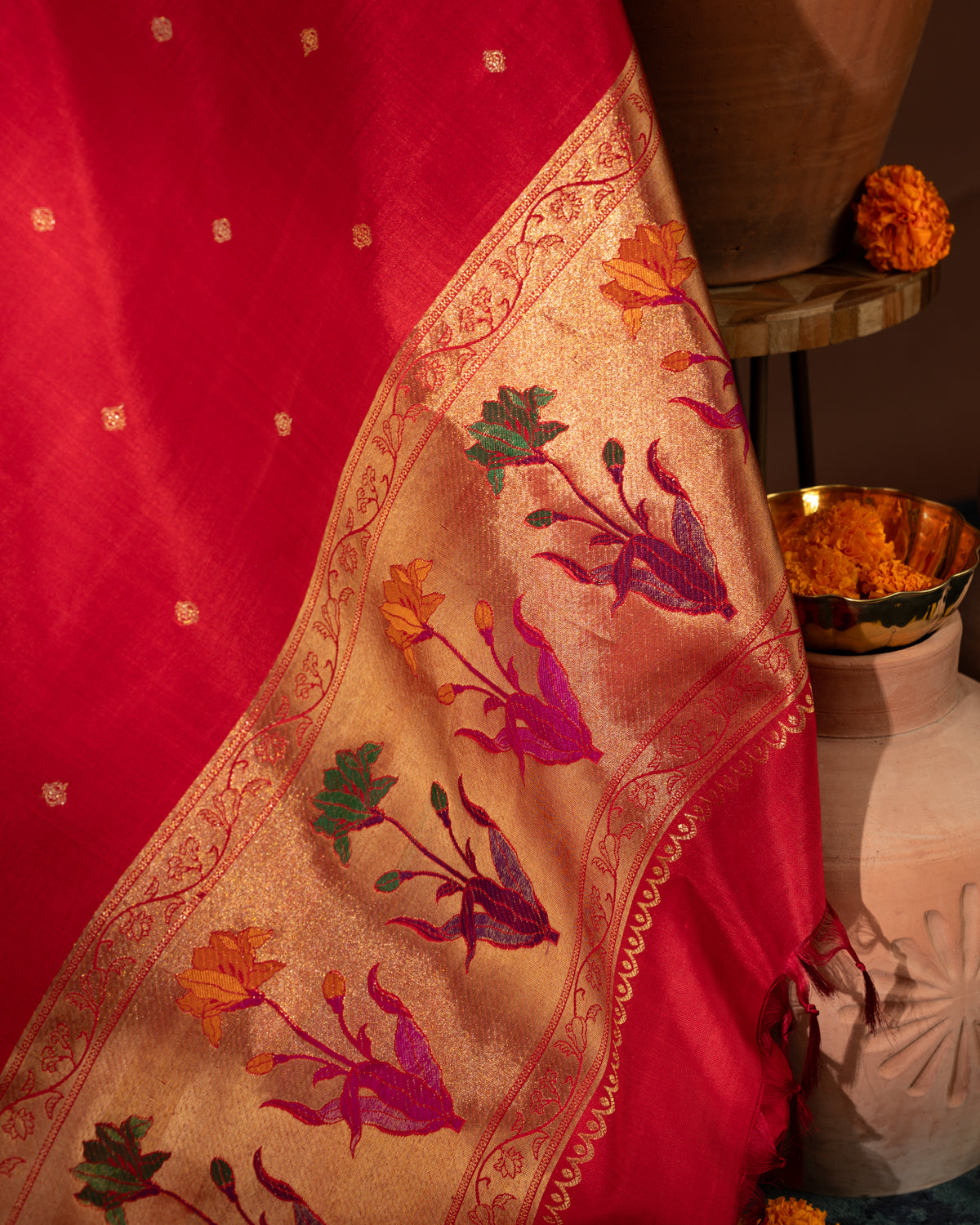 Red Kanchipuram Silk Saree With Floral Motif Pallu