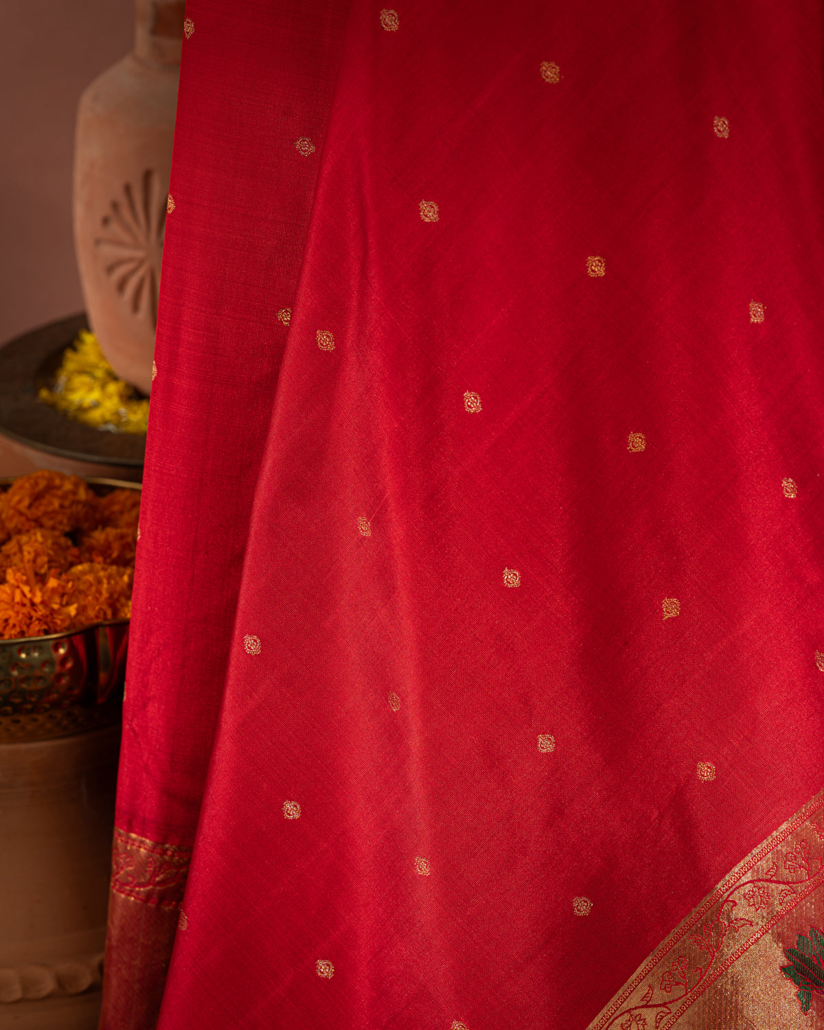 Red Kanchipuram Silk Saree With Floral Motif Pallu
