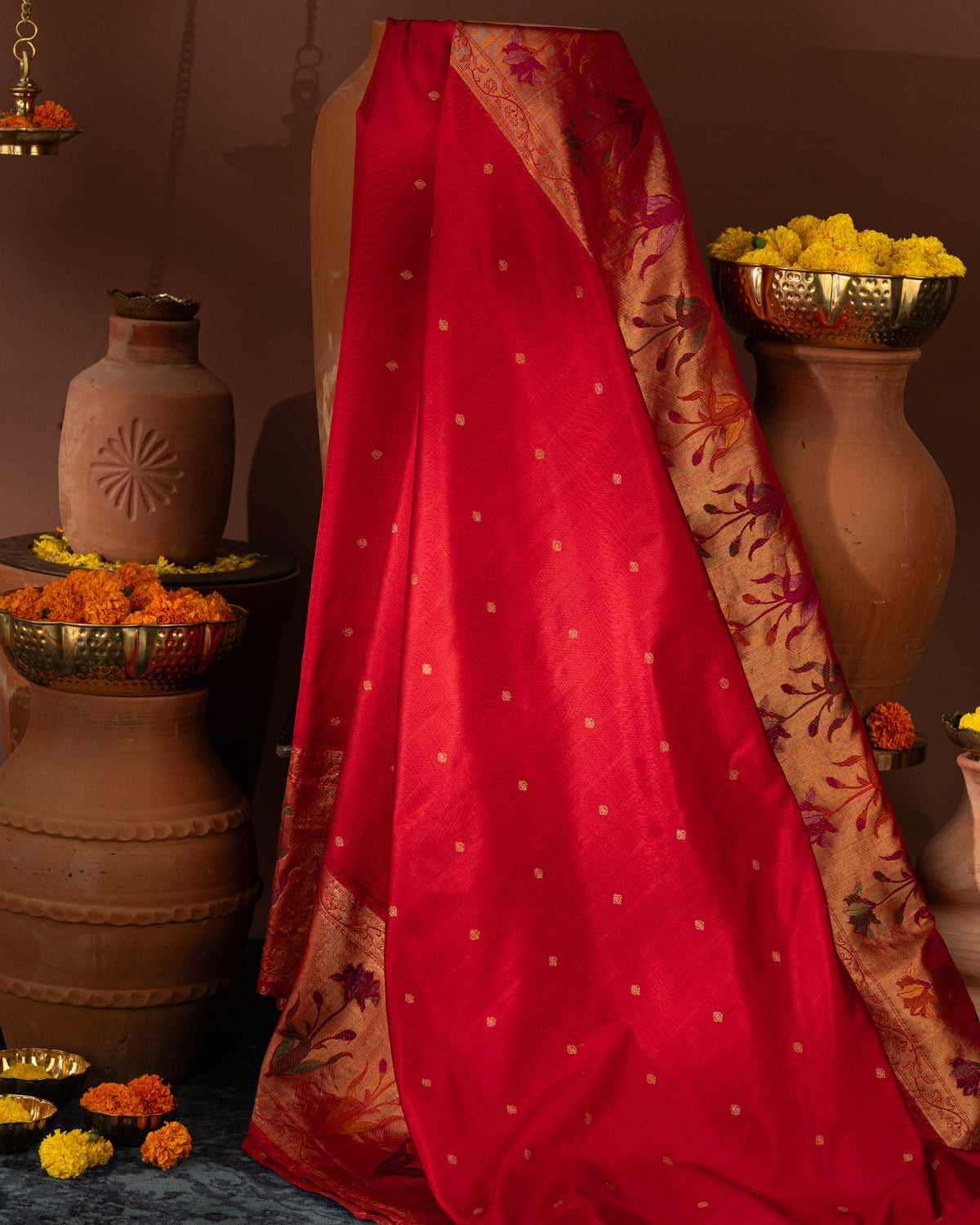 Red Kanchipuram Silk Saree With Floral Motif Pallu