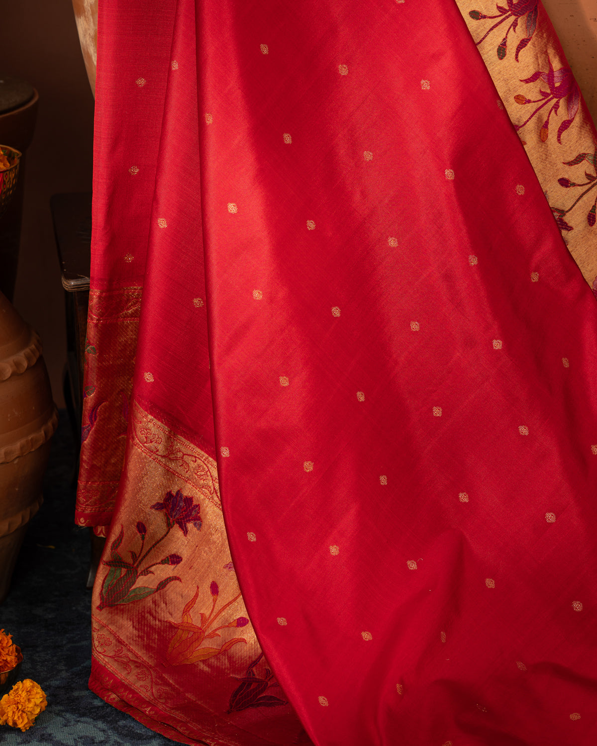 Red Kanchipuram Silk Saree With Floral Motif Pallu
