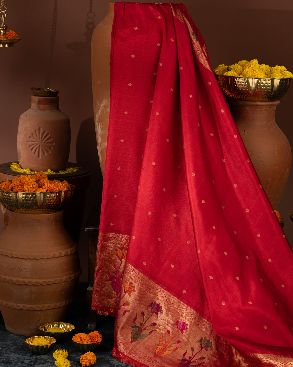Red Kanchipuram Silk Saree With Floral Motif Pallu