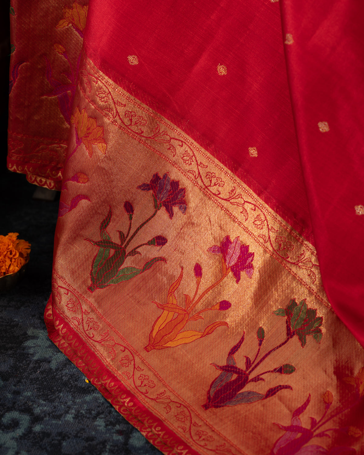 Red Kanchipuram Silk Saree With Floral Motif Pallu