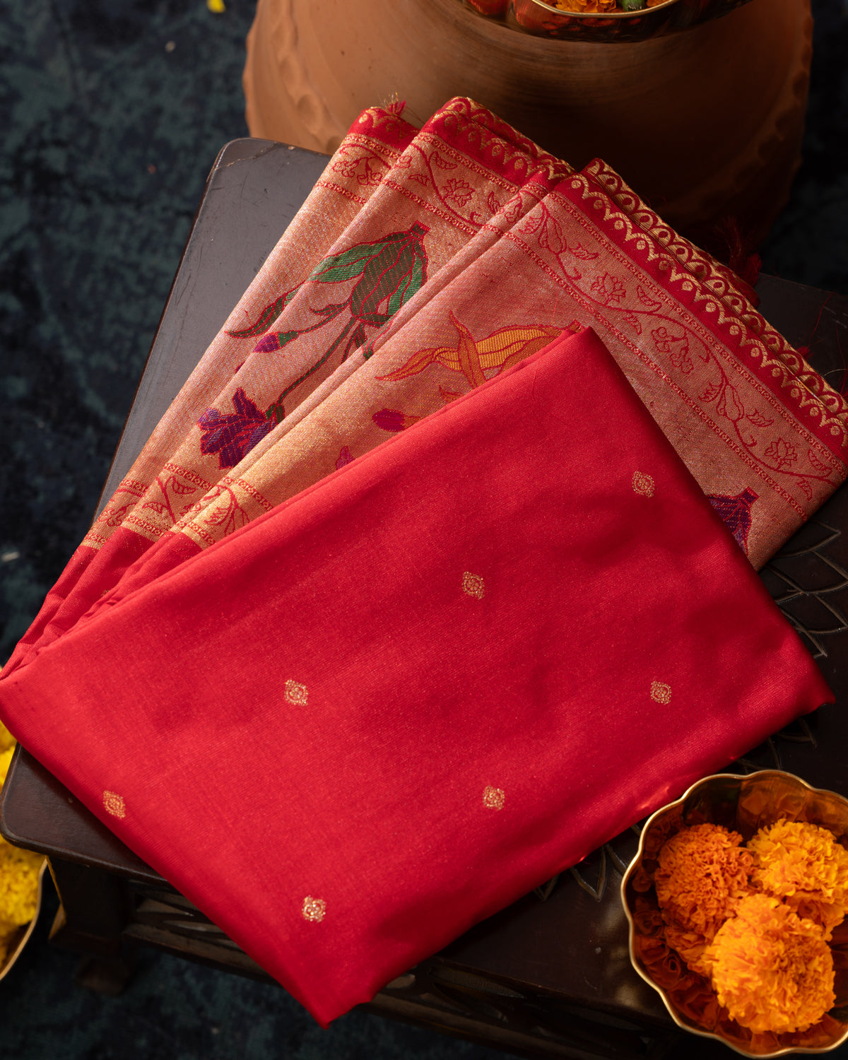 Red Kanchipuram Silk Saree With Floral Motif Pallu
