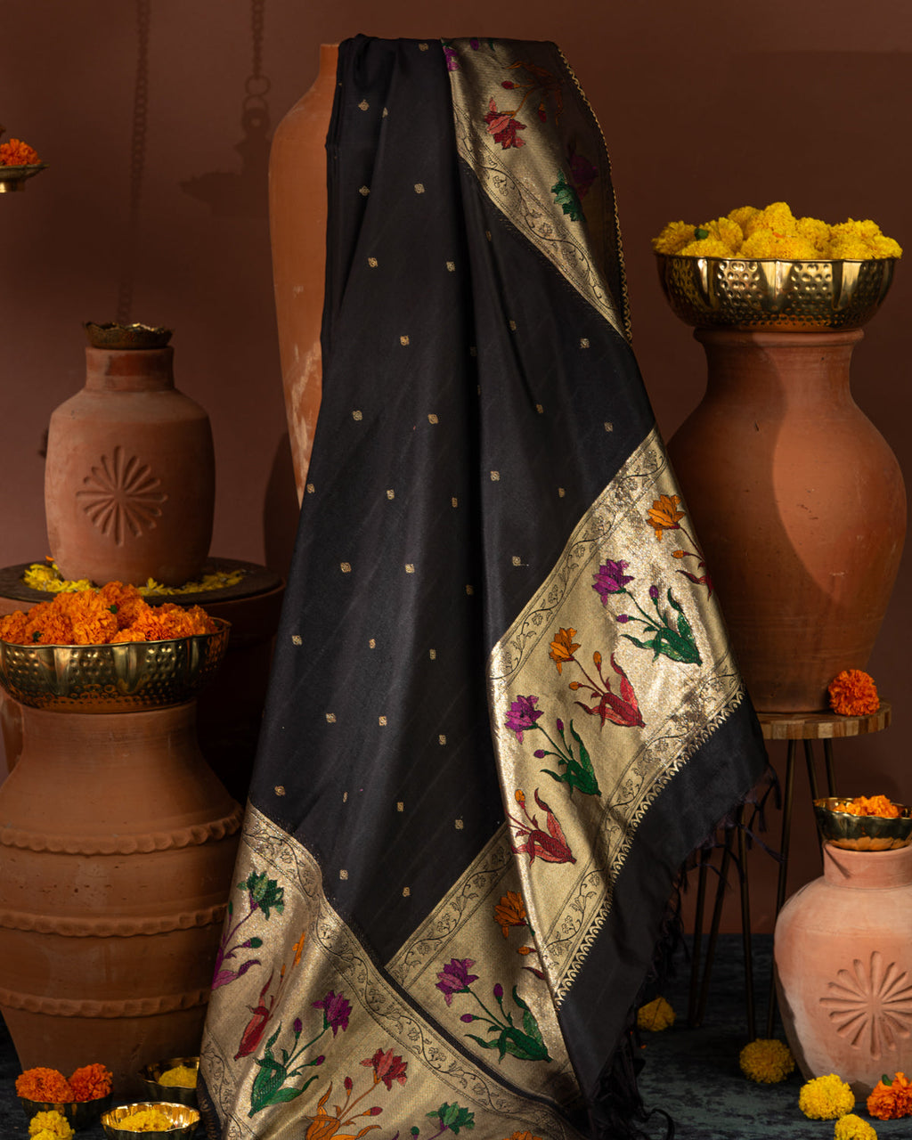 Deep Jamun Kanchipuram Silk Saree With Floral Motif Pallu