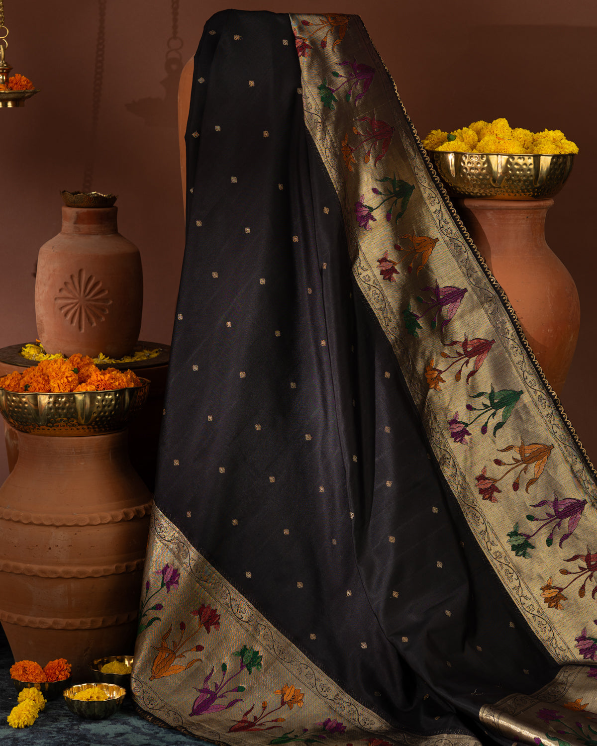 Deep Jamun Kanchipuram Silk Saree With Floral Motif Pallu