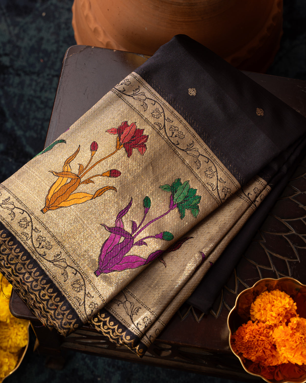 Deep Jamun Kanchipuram Silk Saree With Floral Motif Pallu