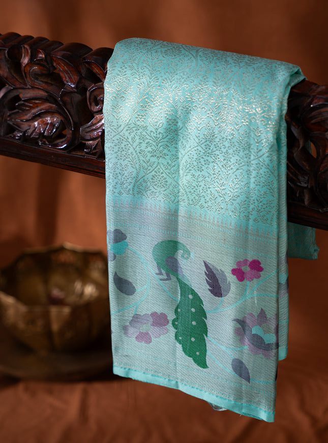Teal Blue & Mustard Yellow Kanchipuram Silk Saree With Silver Zari Weaves