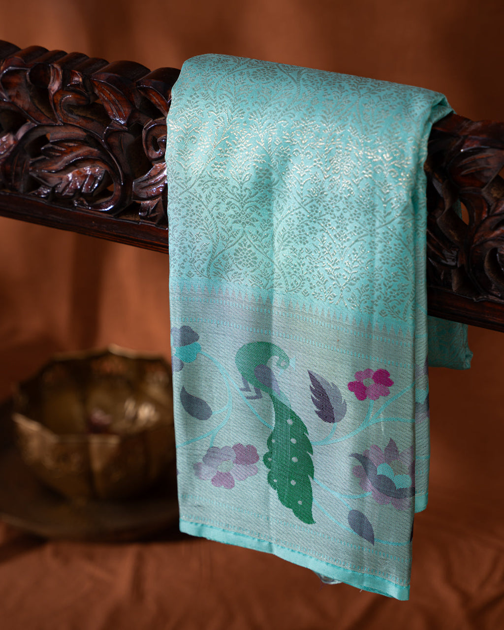 Teal Blue & Mustard Yellow Kanchipuram Silk Saree With Silver Zari Weaves