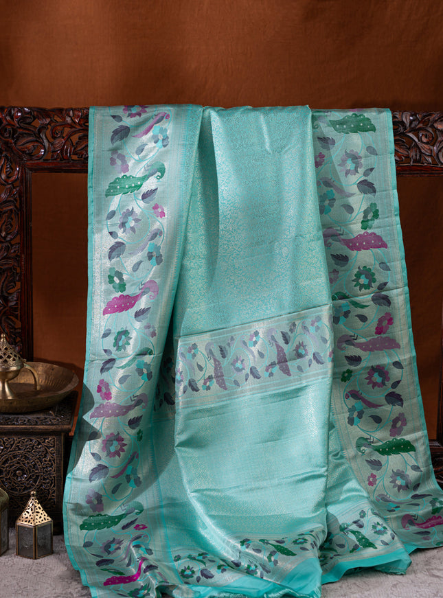 Teal Blue & Mustard Yellow Kanchipuram Silk Saree With Silver Zari Weaves