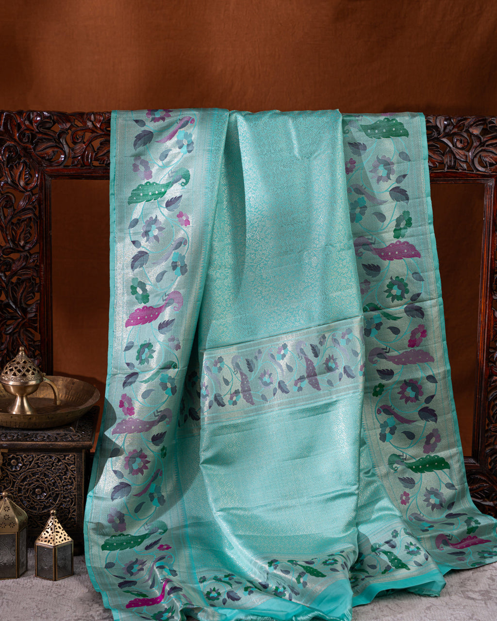 Teal Blue & Mustard Yellow Kanchipuram Silk Saree With Silver Zari Weaves