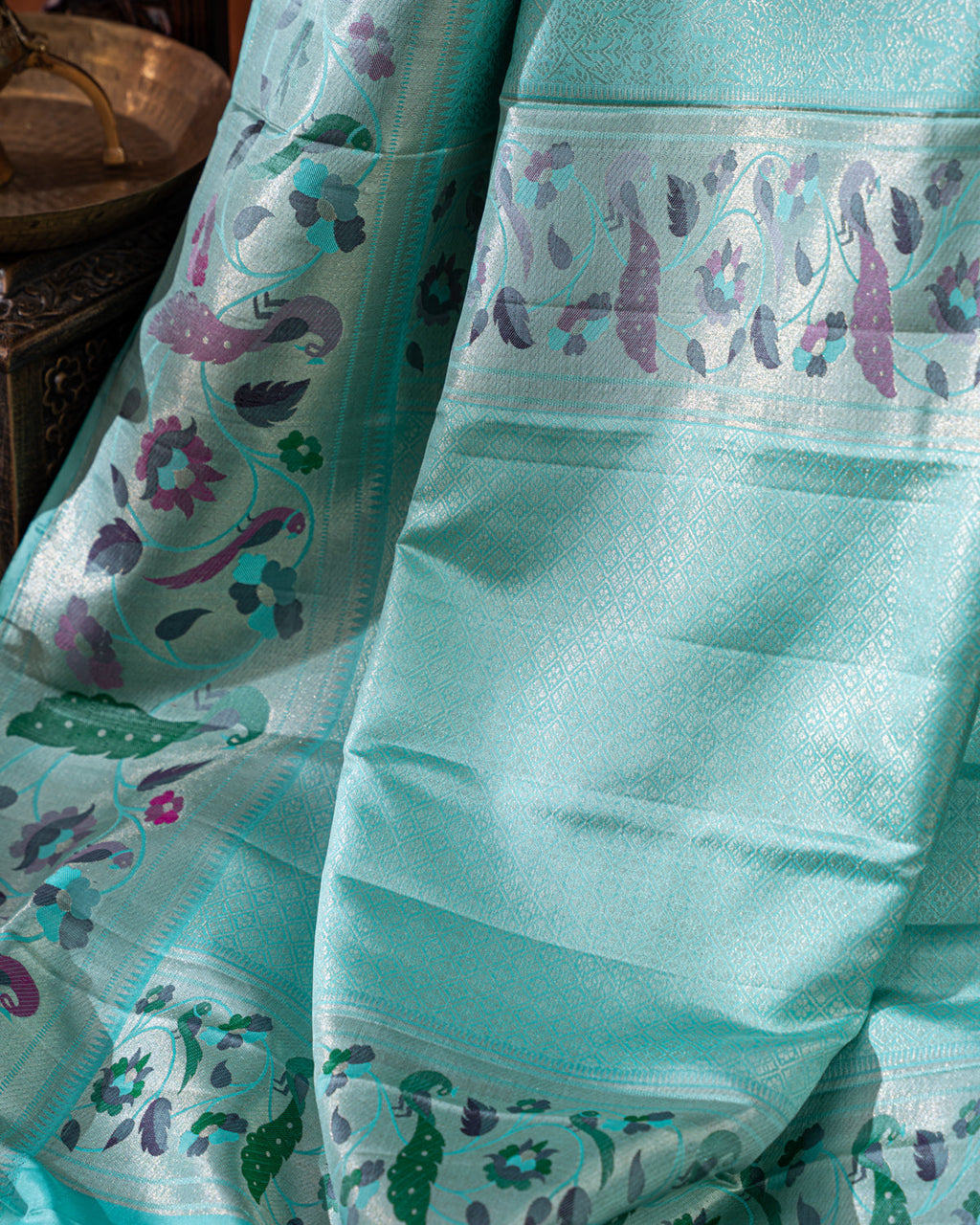 Teal Blue & Mustard Yellow Kanchipuram Silk Saree With Silver Zari Weaves