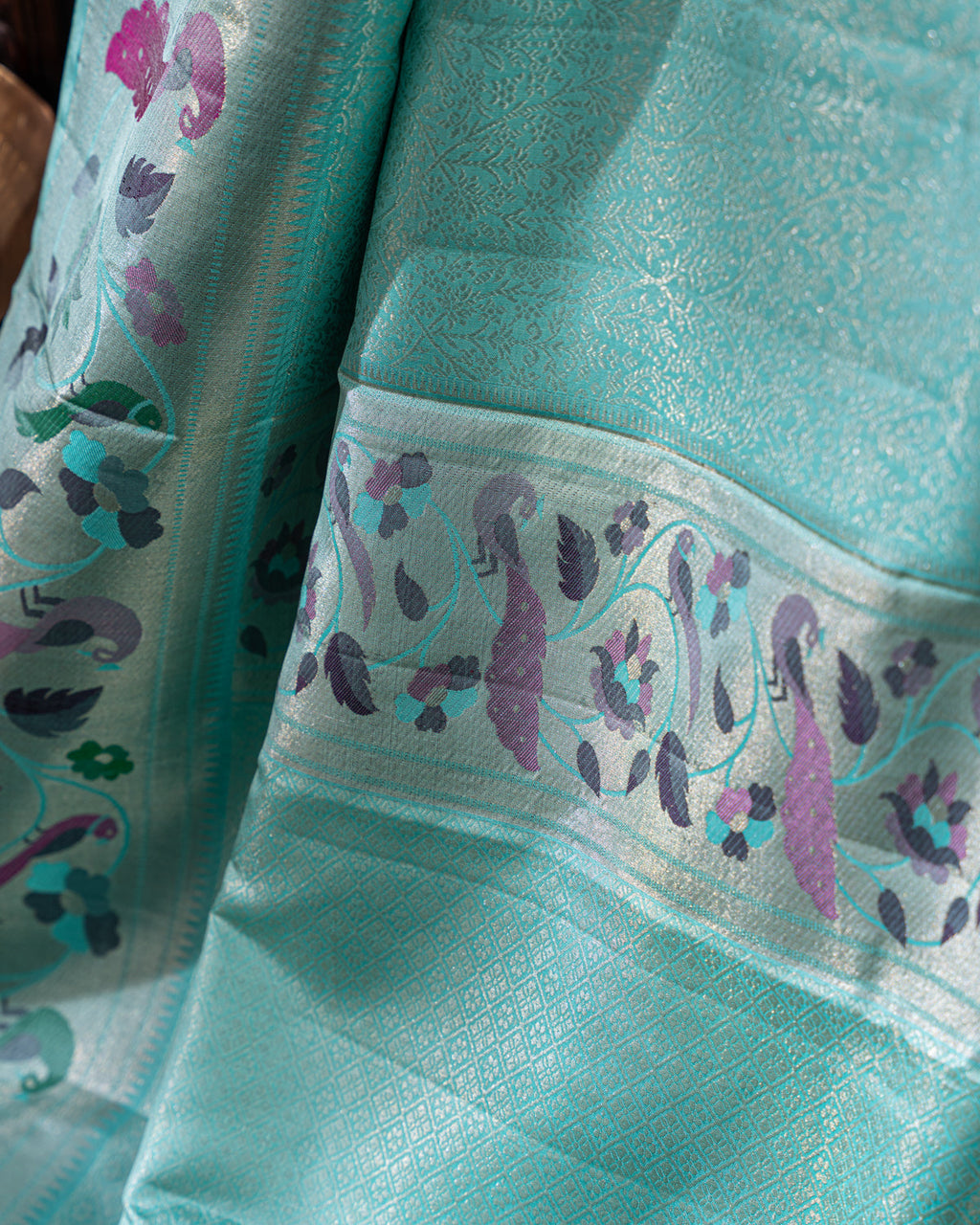 Teal Blue & Mustard Yellow Kanchipuram Silk Saree With Silver Zari Weaves