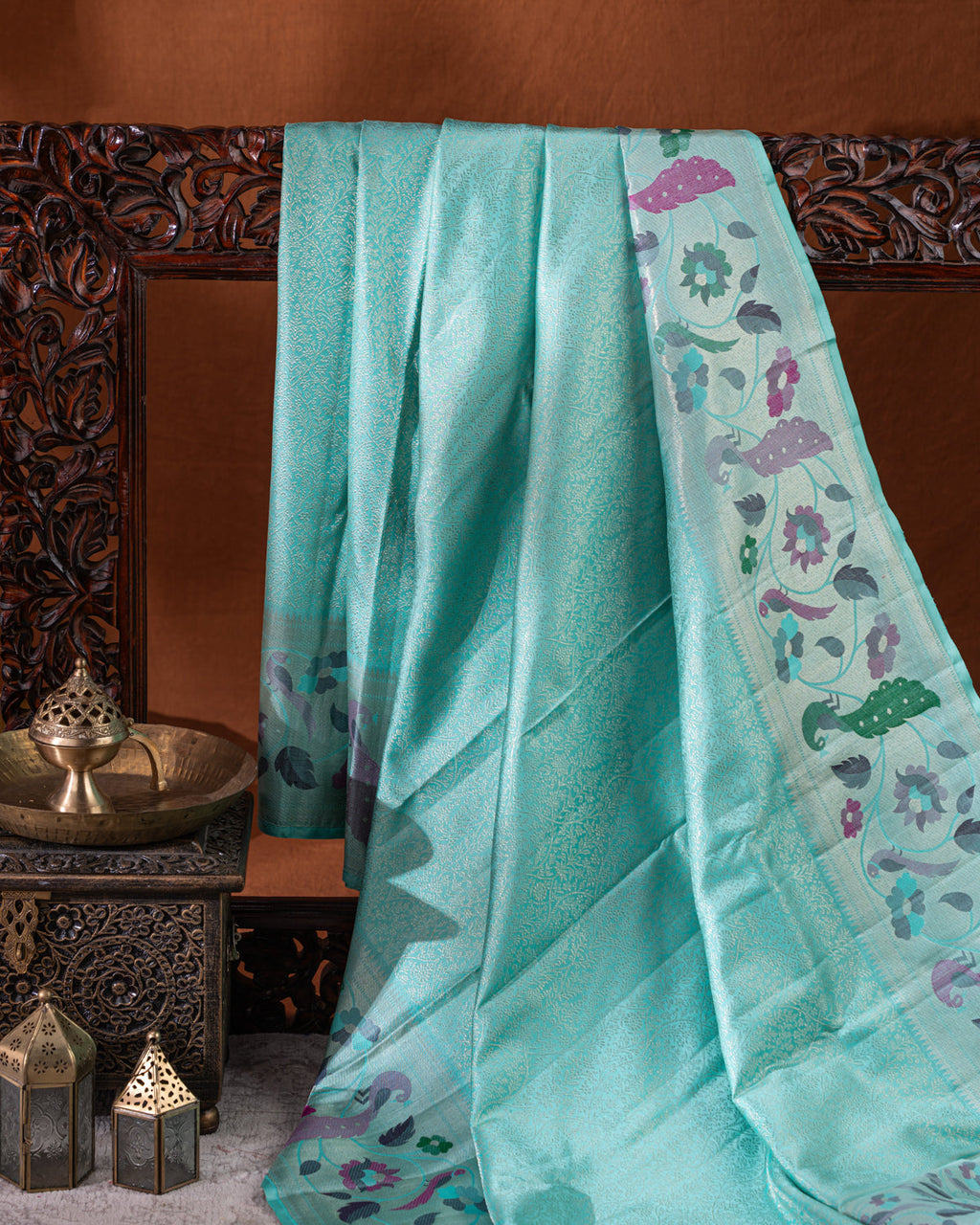 Teal Blue & Mustard Yellow Kanchipuram Silk Saree With Silver Zari Weaves