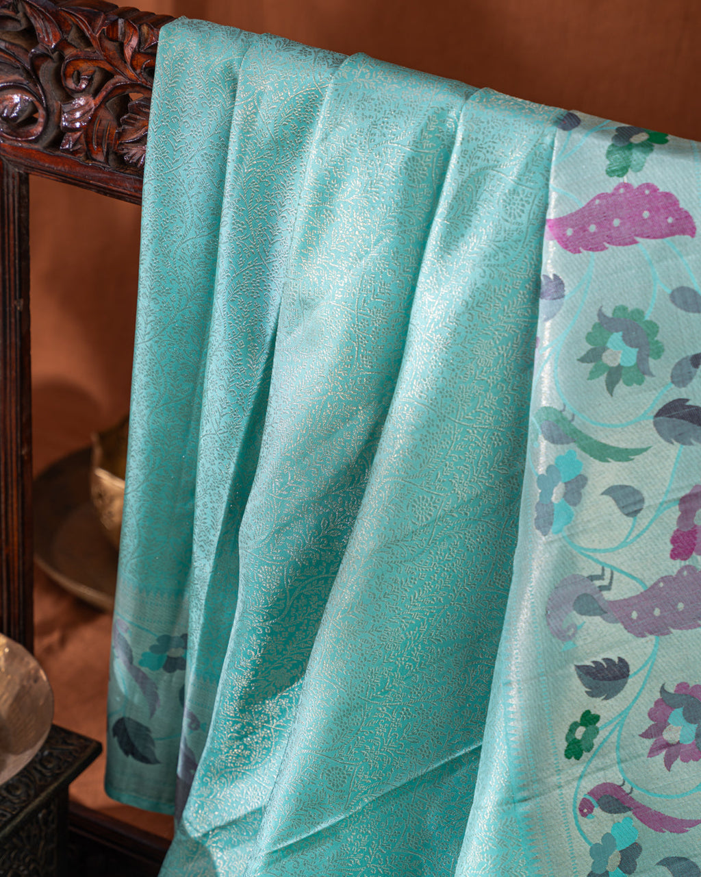 Teal Blue & Mustard Yellow Kanchipuram Silk Saree With Silver Zari Weaves