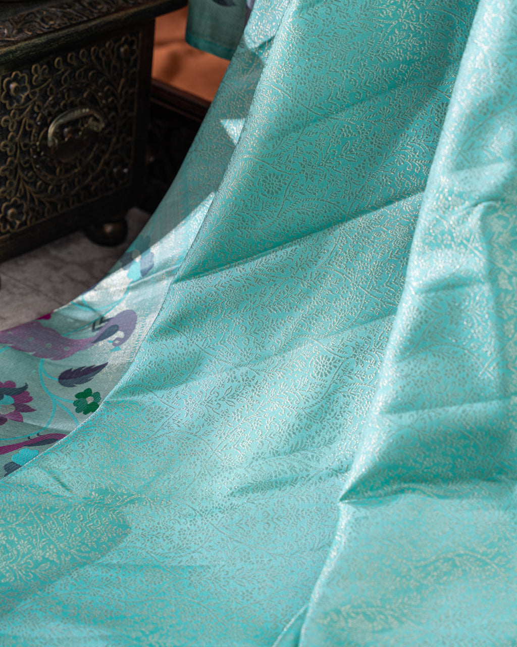 Teal Blue & Mustard Yellow Kanchipuram Silk Saree With Silver Zari Weaves