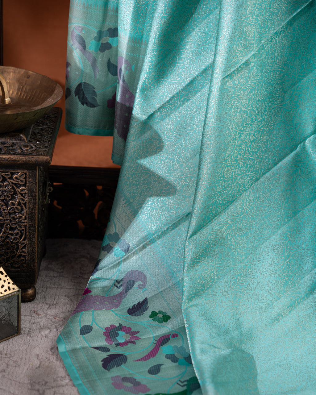 Teal Blue & Mustard Yellow Kanchipuram Silk Saree With Silver Zari Weaves