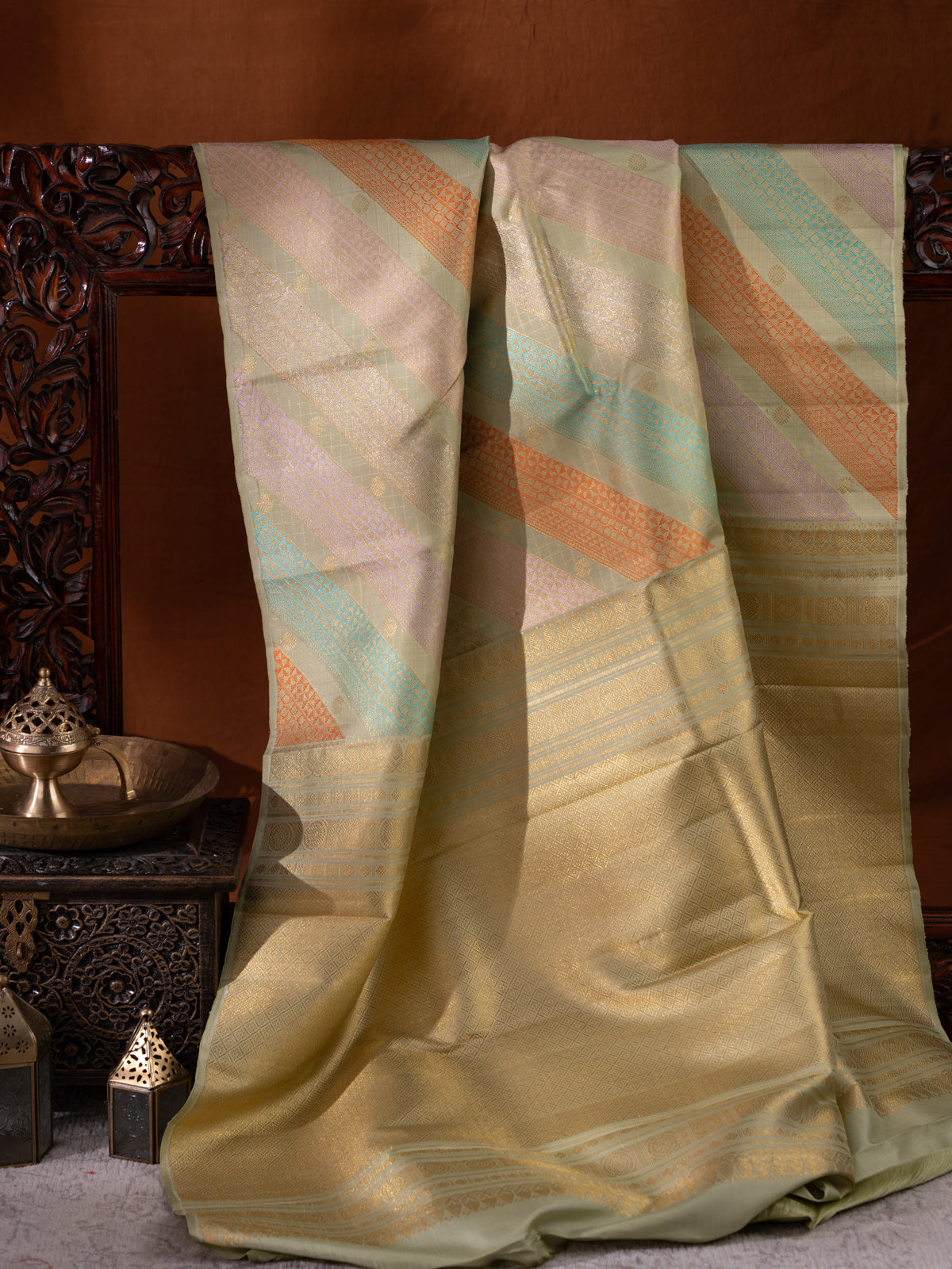 Pastel Green Kanchipuram Silk Saree With Zari Weaves