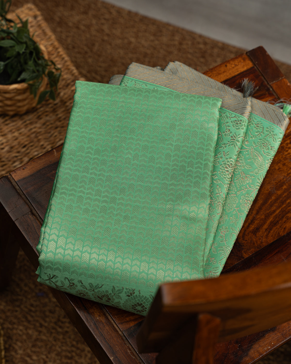 Teal Kanchipuram Silk Saree With Silver Zari Weaves