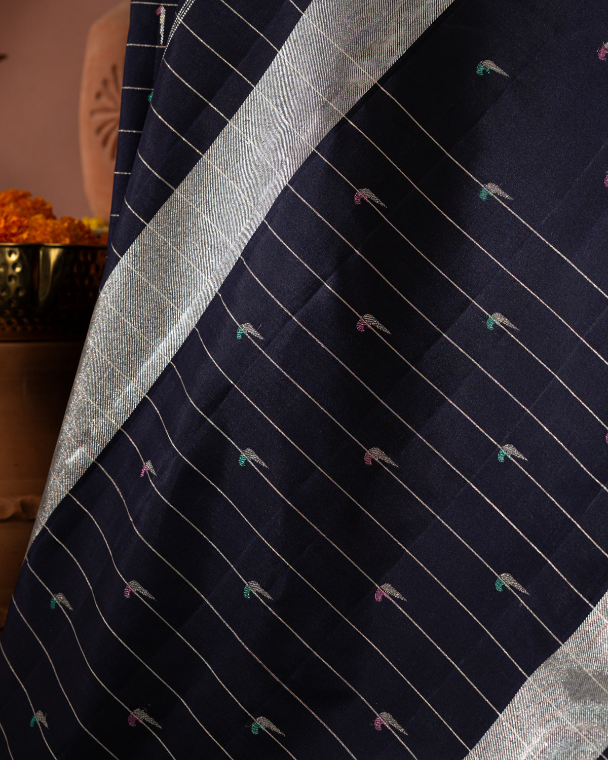 Navy Blue Kanchipuram Silk Saree With Muniya Butta Style