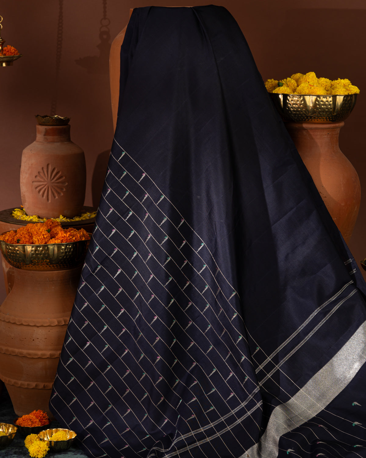 Navy Blue Kanchipuram Silk Saree With Muniya Butta Style