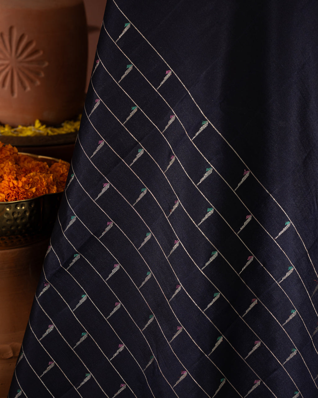 Navy Blue Kanchipuram Silk Saree With Muniya Butta Style