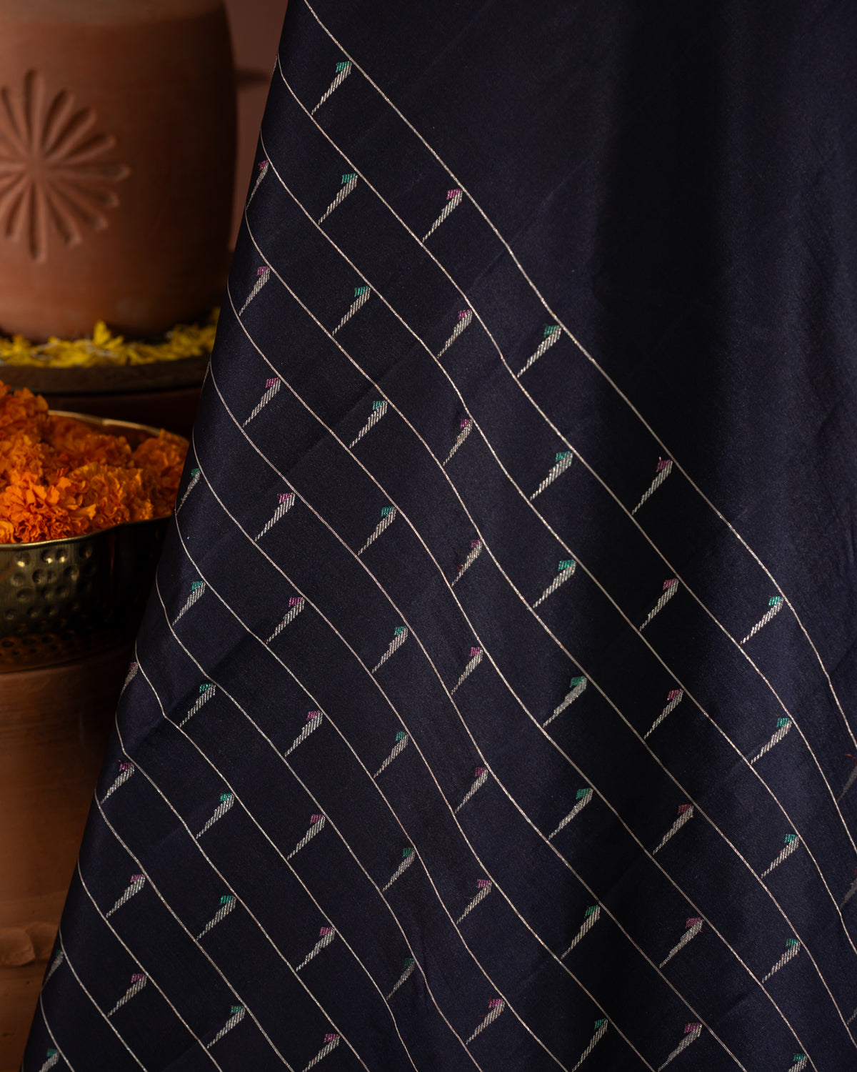 Navy Blue Kanchipuram Silk Saree With Muniya Butta Style