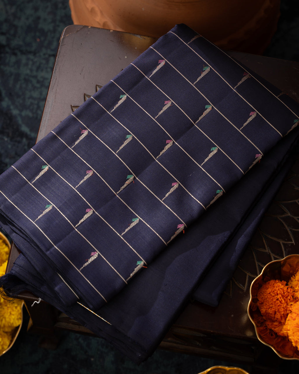 Navy Blue Kanchipuram Silk Saree With Muniya Butta Style