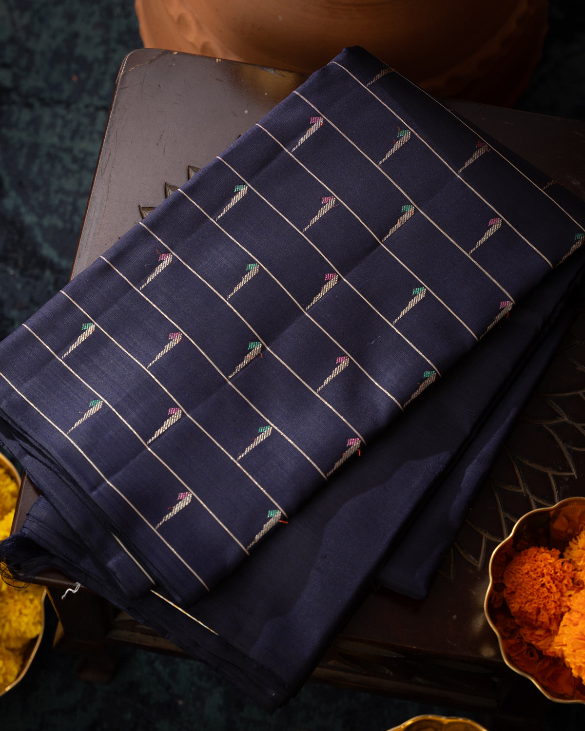 Navy Blue Kanchipuram Silk Saree With Muniya Butta Style