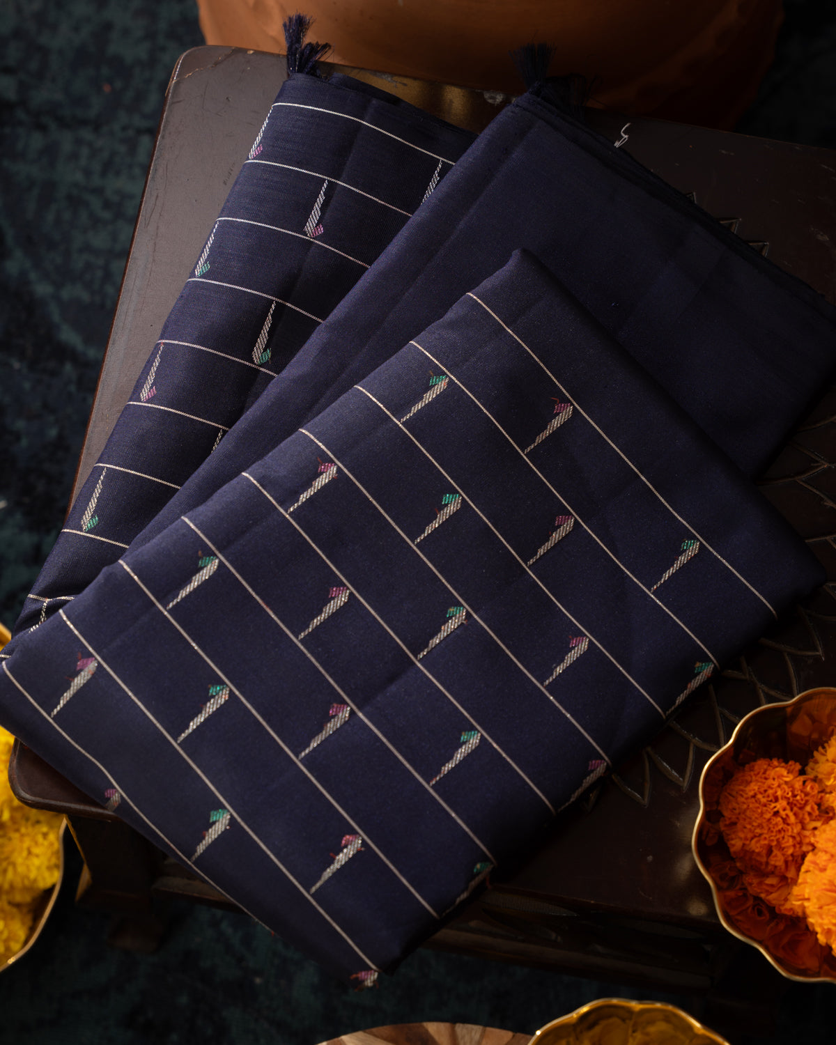 Navy Blue Kanchipuram Silk Saree With Muniya Butta Style