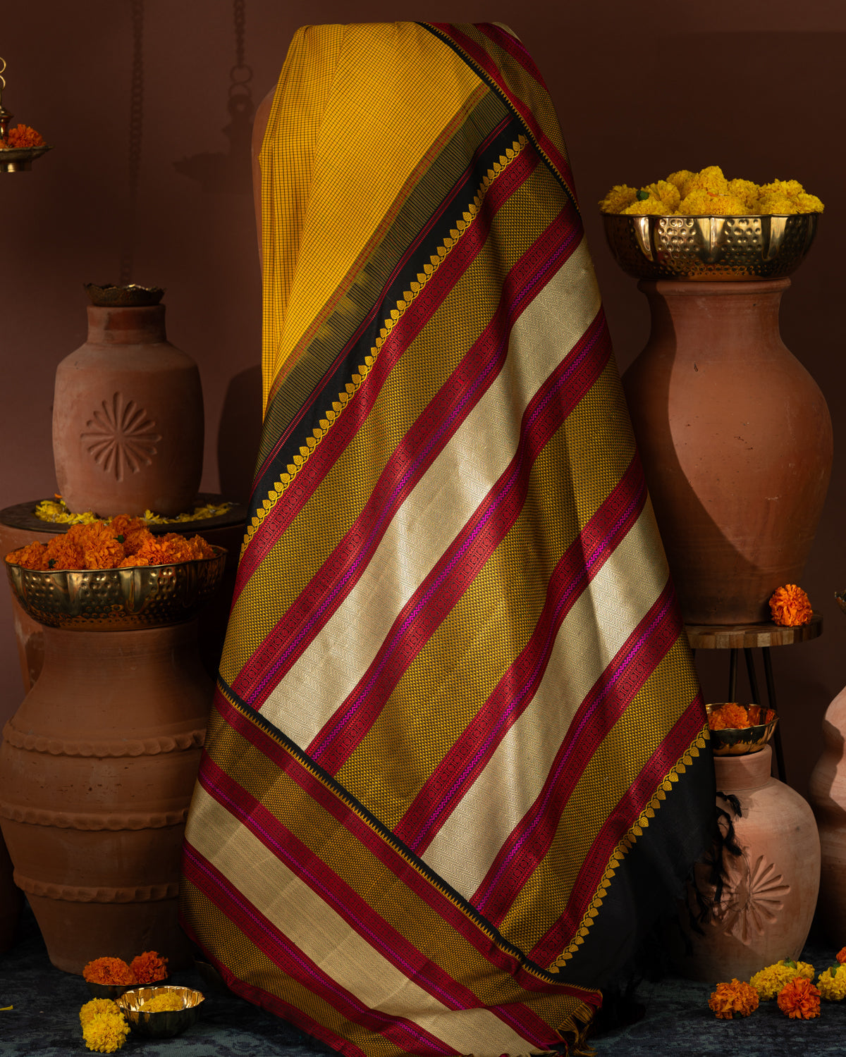 Yellow Kanchipuram Silk Saree With Allover Checks & Without Zari Pallu
