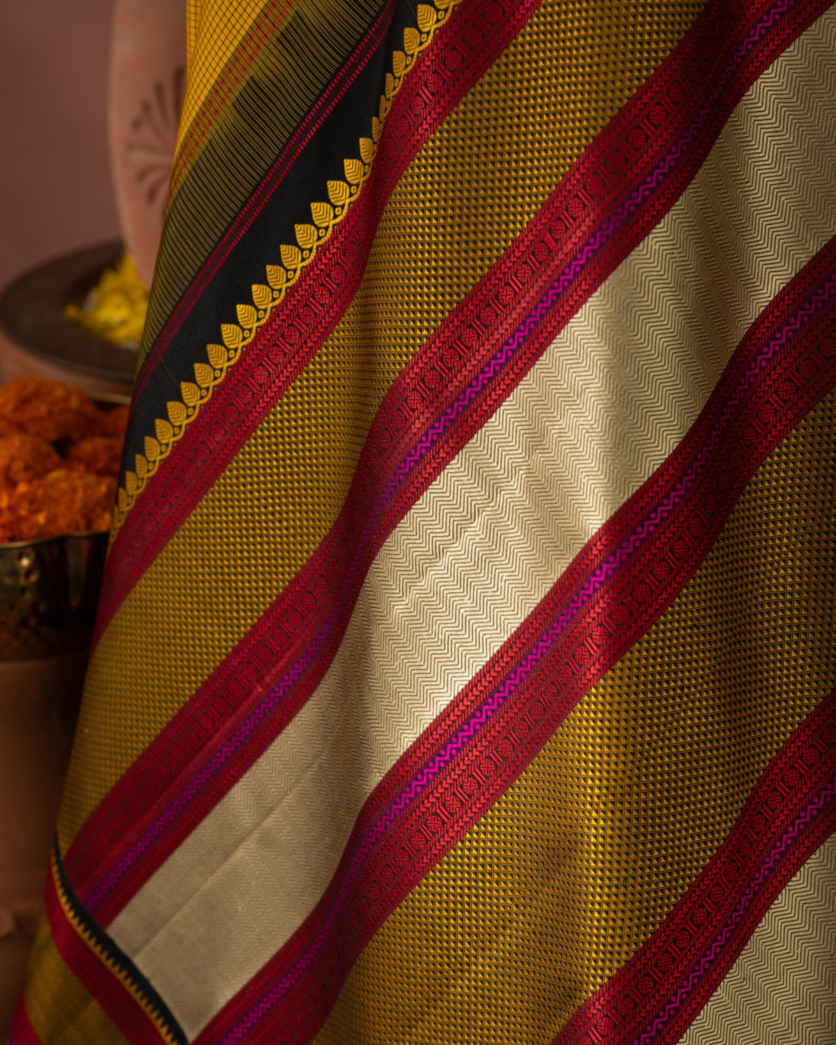 Yellow Kanchipuram Silk Saree With Allover Checks & Without Zari Pallu