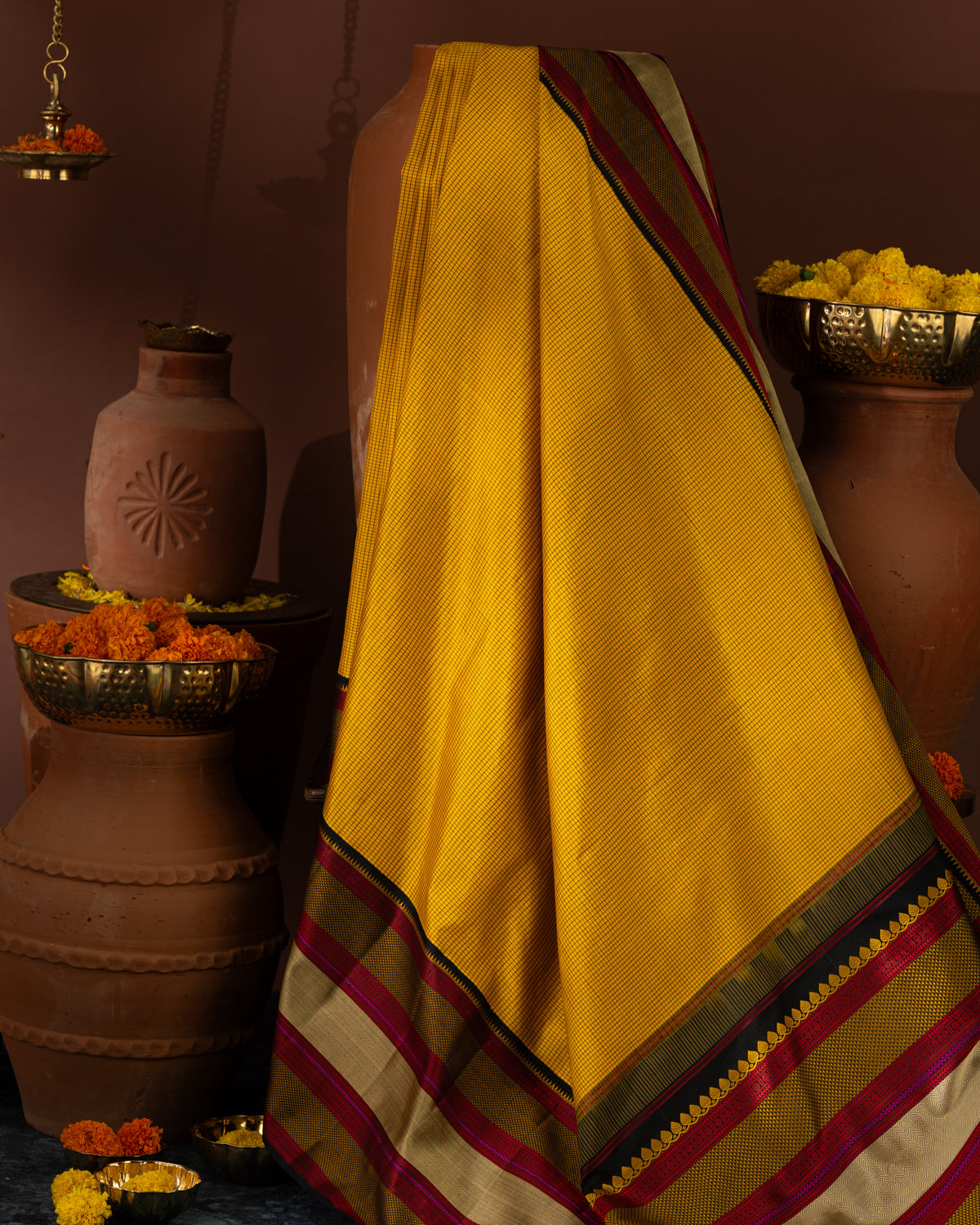 Yellow Kanchipuram Silk Saree With Allover Checks & Without Zari Pallu