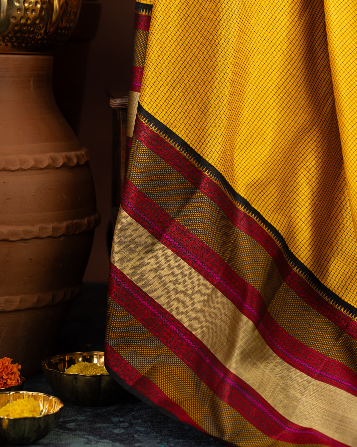 Yellow Kanchipuram Silk Saree With Allover Checks & Without Zari Pallu